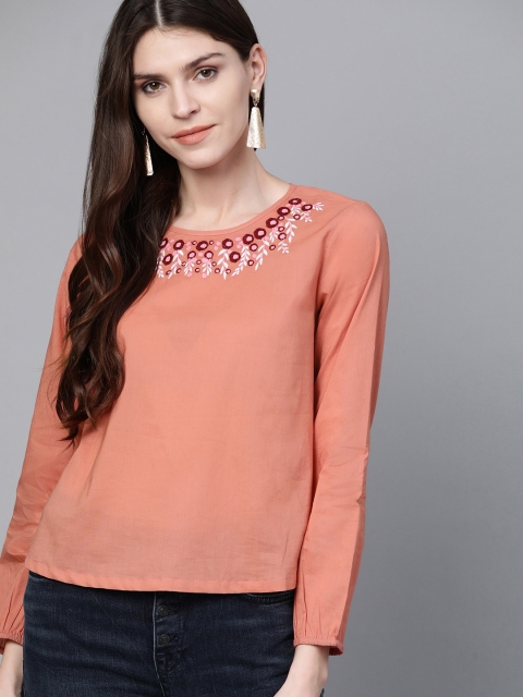 

HERE&NOW Women Peach-Coloured Embrodiered Detail Pure Cotton Top