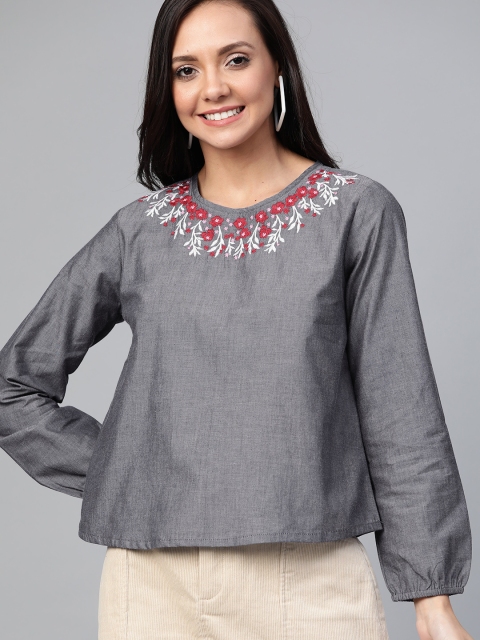 

HERE&NOW Women Navy Blue Solid Chambray Pure Cotton Top