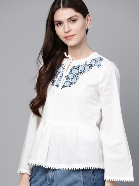 

HERE&NOW Women White & Blue Embroidered Detail A-Line Pure Cotton Top