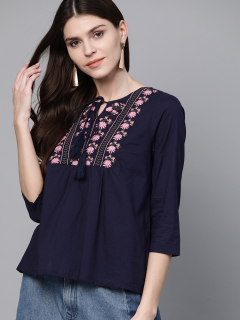 

HERE&NOW Women Navy Blue & Pink Embroidered Detail A-Line Pure Cotton Top