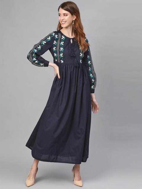 

HERE&NOW Women Navy Blue & Off-White Floral Embroidered Yoke Design Maxi Dress