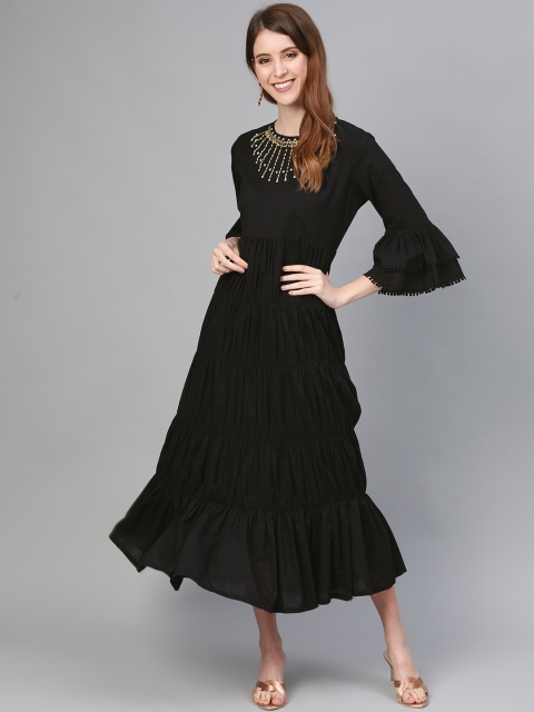 

HERE&NOW Women Black Solid Jeweled Neck Tiered Maxi Dress