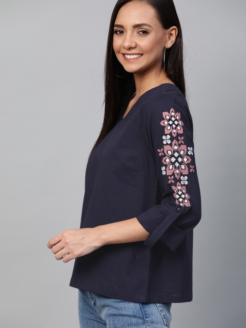 

HERE&NOW Women Navy Blue Solid Pure Cotton Top