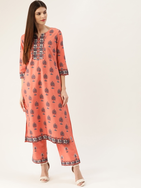 

HERE&NOW Women Coral Orange & Blue Printed Kurta with Trousers