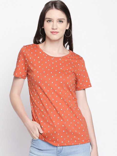

Honey by Pantaloons Women Rust Orange White Printed Round Neck Pure Cotton T-shirt