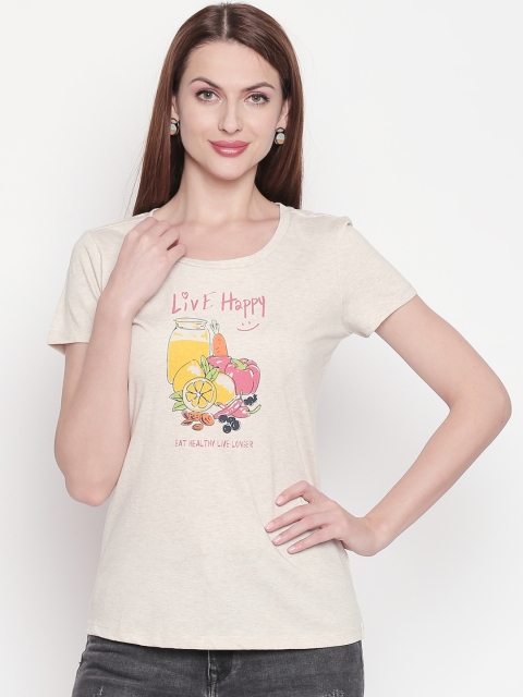 

Honey by Pantaloons Women Beige Printed Round Neck Pure Cotton T-shirt