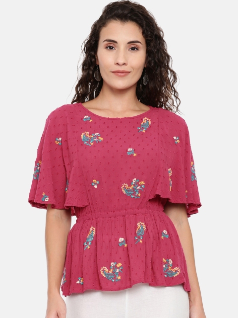 

Chumbak Women Pink Dobby Self Design Cinched Waist Top with Embroidered Detail