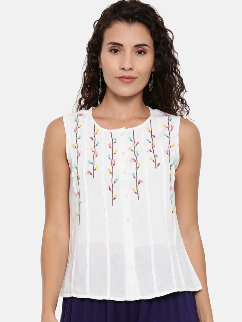 

Chumbak Women White Embroidered Regular Top with Pleated Detail