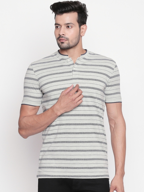 

BYFORD by Pantaloons Men Grey & Black Slim Fit Striped Mandarin Collar T-shirt
