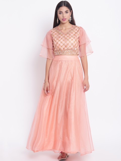 

Shakumbhari Peach-Coloured Ready to Wear Embellished Organza Lehenga with Blouse