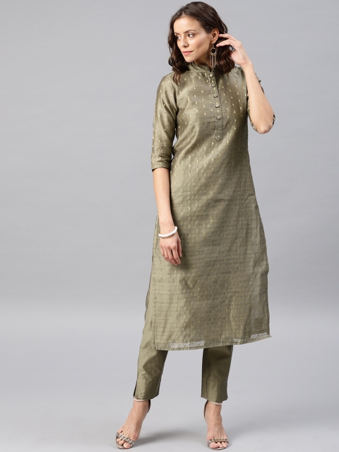 

Desi Weavess Women Green & Gold-Coloured Self Design Kurta with Trousers