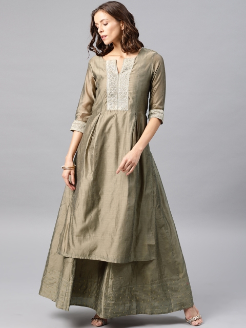 

Desi Weavess Women Olive Green Embroidered Kurta with Skirt