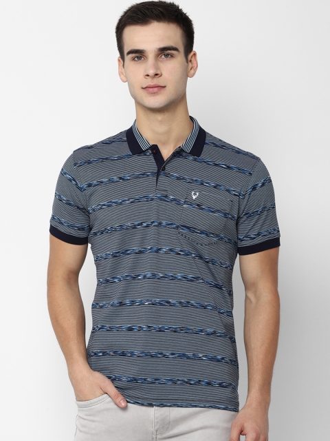 

Allen Solly Men Navy Blue Off-White Striped Polo Collar Pure Cotton T-shirt