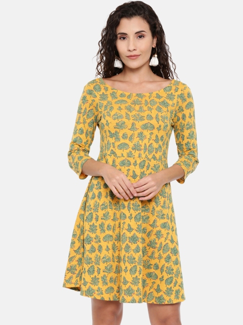 

Chumbak Women Mustard Yellow & Green Printed Fit and Flare Dress