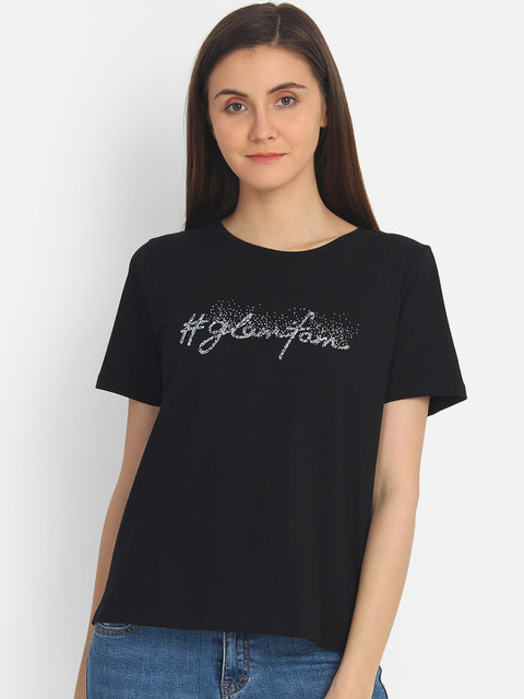 

COVER STORY Women Black Printed Round Neck T-shirt