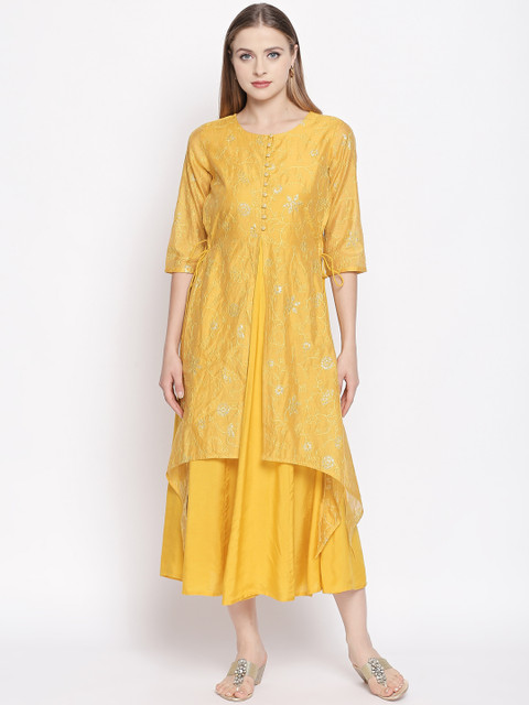

RANGMANCH BY PANTALOONS Women Mustard Embroidered A-Line Kurta