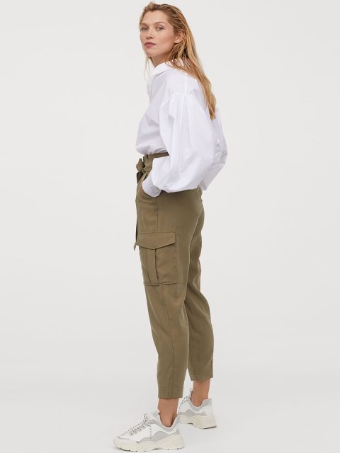 

H&M Women Olive Green Paper Bag Trousers