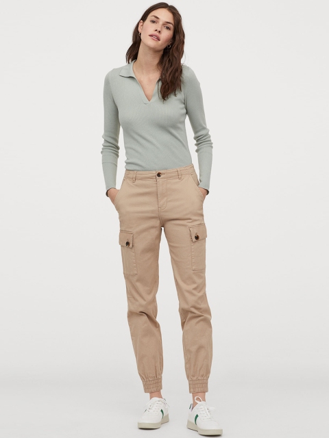 

H&M Women Beige Cotton Cargo Trousers