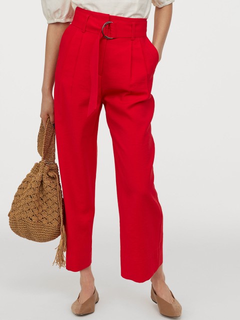 

H&M Women Red Solid Wide Belted Trousers