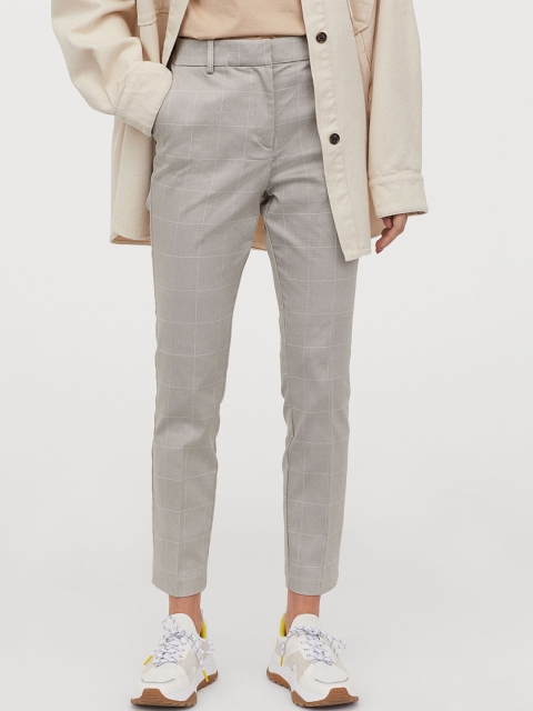 

H&M Women Beige & Grey Checked Cigarette trousers