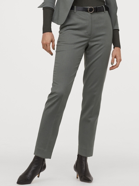 

H&M Women Grey & Green Solid Cigarette Trousers