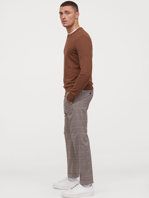 

H&M Men Beige & Grey Checked Joggers Slim Fit