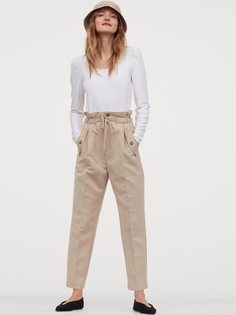 

H&M Women Beige Solid Ankle-Length Trousers