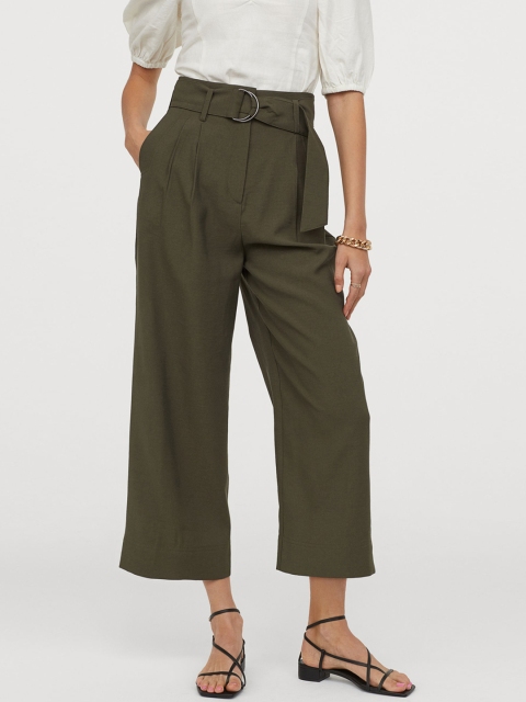

H&M Women Green Solid Wide Belted Trousers