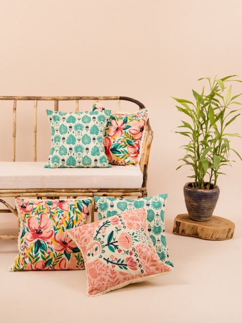 

Chumbak Green & Pink Set of 5 Ethnic Motifs Square Cushion Covers