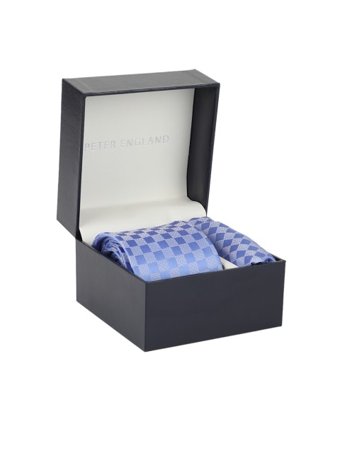 

Peter England Men Blue Checked Tie & Pocket Square Accessory Gift Set