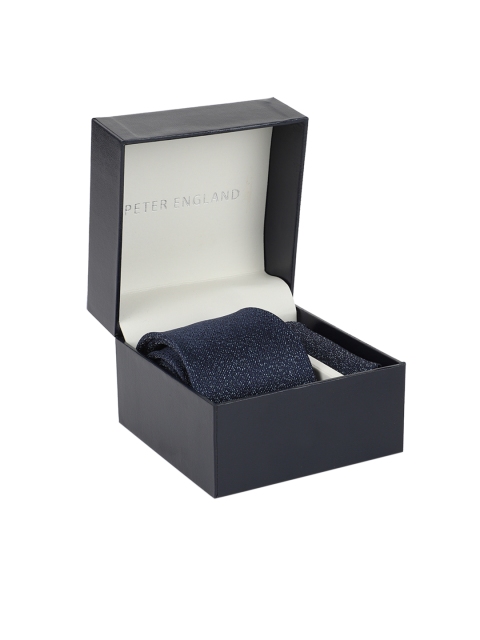 

Peter England Men Navy Blue Woven Design Tie & Pocket Square Accessory Gift Set