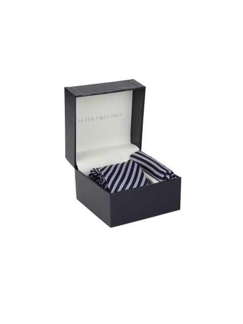 

Peter England Men Navy Blue & Grey Striped Tie & Pocket Square Accessory Gift Set