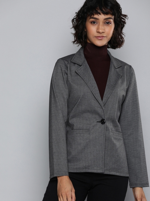 

Chemistry Women Charcoal Grey Self Design Single-Breasted Casual Blazer