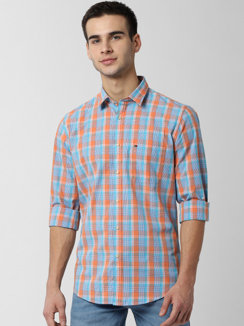 

Peter England Casuals Men Blue & Orange Slim Fit Checked Casual Shirt