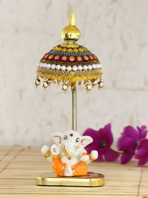 

eCraftIndia White & Orange Handcrafted Lord Ganesha Idol with Umbrella Showpiece