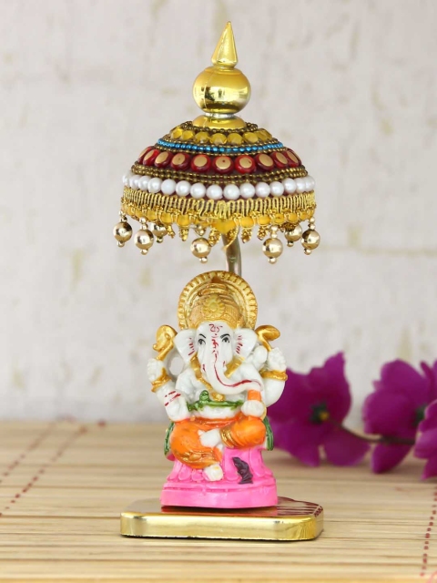 

eCraftIndia White & Orange Handcrafted Lord Ganesha Idol with Decorated Chatri Showpiece