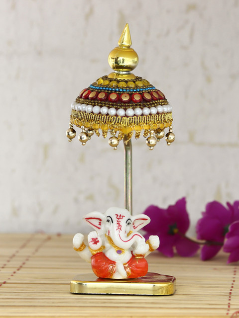 

eCraftIndia Orange & White Decorative Lord Ganesha Showpiece With Chatri
