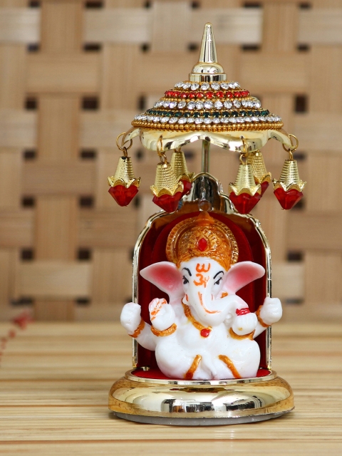 

eCraftIndia Red & White Decorative Lord Ganesha Idol With Designer Chatri Showpiece
