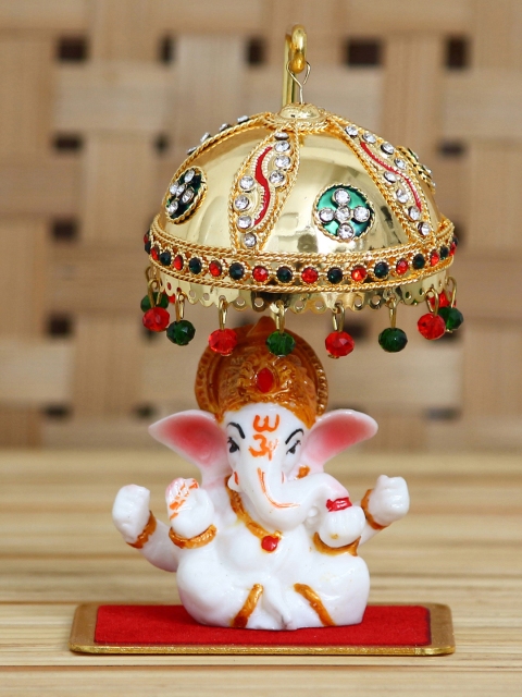 

eCraftIndia White & Gold-Toned Handcrafted Lord Ganesha Idol With Chatri Showpiece