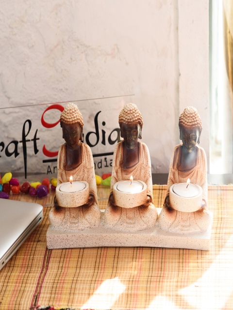 

eCraftIndia Gold-Toned & Brown Handcrafted Set of 3 Buddha Tea Light Holder
