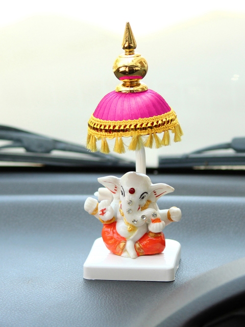 

eCraftIndia White & Pink Handcrafted Lord Ganesha Idol With Chatri Showpiece