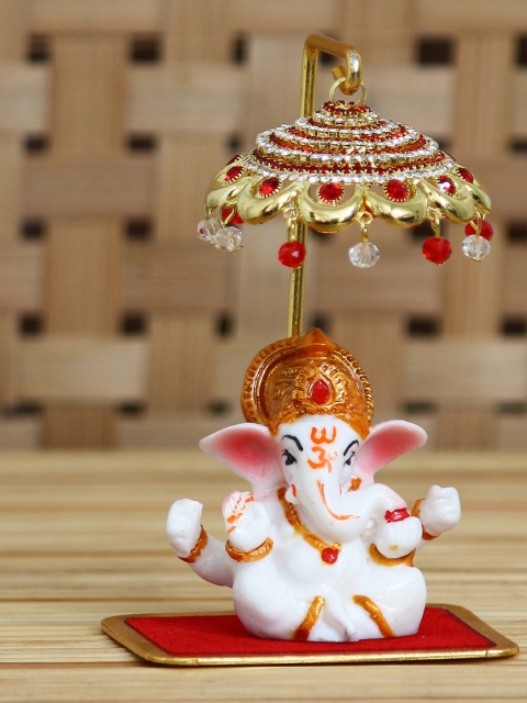 

eCraftIndia White & Red Decorative Lord Ganesha Idol With Designer Chatri Showpiece
