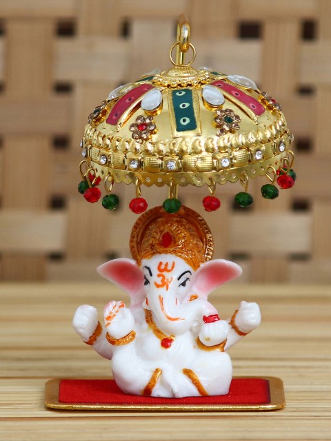 

eCraftIndia White & Red Decorative Lord Ganesha Idol With Designer Chatri Showpiece
