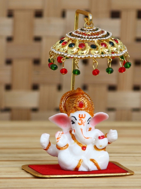 

eCraftIndia White & Red Handcrafted Decorative Lord Ganesha Idol With Designer Chatri Showpiece
