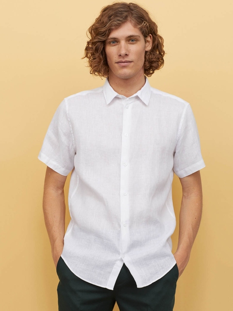 

H&M Men White Regular Fit Solid Linen shirt