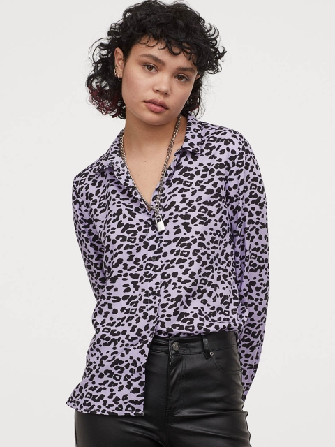 

H&M Women Lavender & Black Regular Fit Leopard Printed Viscose Casual Shirt