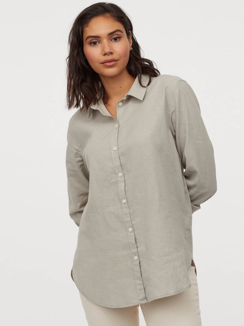 

H&M Women Green Regular Fit Solid Linen-blend Casual Shirt