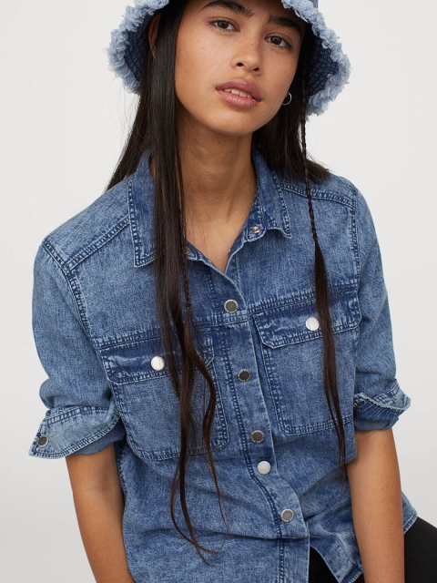 

H&M Women Blue Regular Fit Faded Denim Casual Shirt