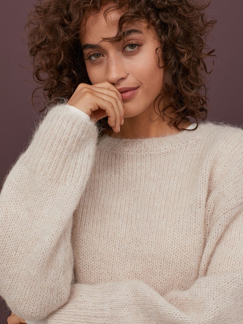 

H&M Women Beige Ribbed Knitted Wool-Blend Jumper Sweater