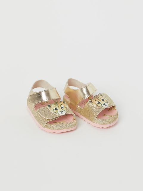 

H&M Girls Pink & Gold-Toned Animal Printed Glittery Sandals with Applique Detail